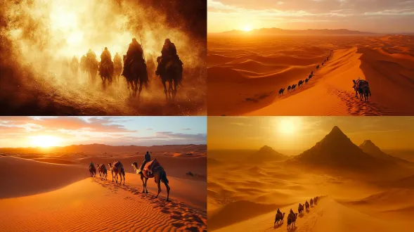金色的沙漠，远处有骆驼队在行走，前景是黄土古城墙残垣，电影质感，电影级布光，神秘，梦幻，真实，32k高清晰，近景