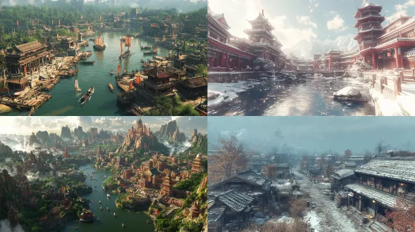 中国古代汉朝的京城，优雅大气，繁华，阳光明媚，全景，电影质感，电影级布光，真实，32k高清晰，