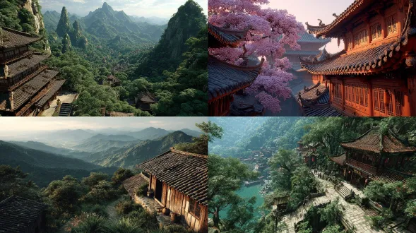 中国古代汉朝的京城内，亭台楼阁，优雅大气，繁华，春光明媚，全景，电影质感，电影级布光，真实，32k高清晰，