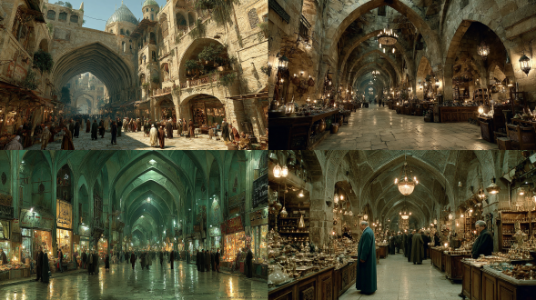 古代波斯国的集市，全景，电影质感，电影级布光，真实，32k高清晰，