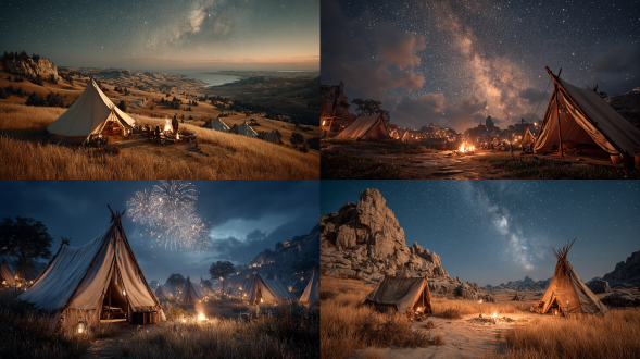 星空下的草原，帐篷，篝火，全景，电影质感，电影级布光，真实，32k高清晰，