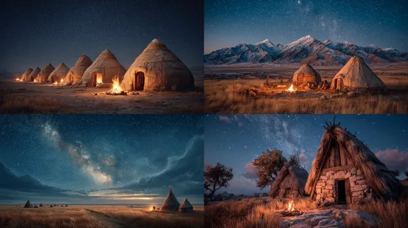 星空下的草原，蒙古包，篝火，匈奴人，全景，电影质感，电影级布光，真实，32k高清晰，