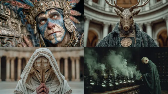 萨满教的巫师，戴面具，在做法，背景是古代西域的神庙内部，全景，电影质感，电影级布光，真实，32k高清晰，