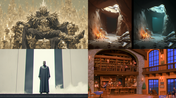 萨满教巫师戴面具做法，古代西域神庙内部，全景构图，3d卡通风格，电影质感，暗色调，神秘氛围，动态光影，32k高清，广角镜头，低角度拍摄，烛光摇曳，烟雾缭绕，奇异符文，石雕细节，深沉蓝色与金色点缀，紧张肃穆，超现实主义