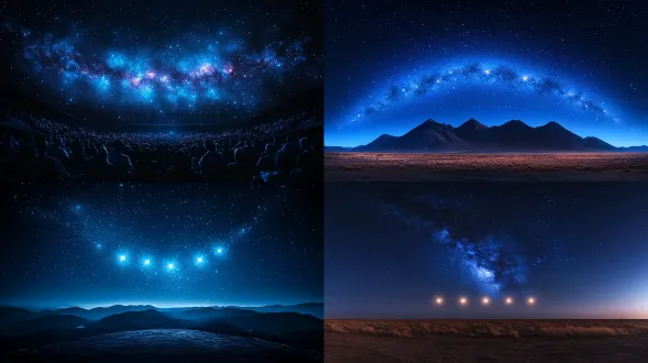 浩瀚夜空五颗星星连成一线奇异光芒，暗蓝渐变色调，银河背景，低角度仰拍，超广角镜头，长曝光，电影级光影，玄幻氛围，神秘深邃，星光拖尾，薄雾缭绕，冷色调主导，微弱环境光，宇宙级宏大场景，星辰粒子特效，超现实风格，震撼视觉，黑暗静谧感