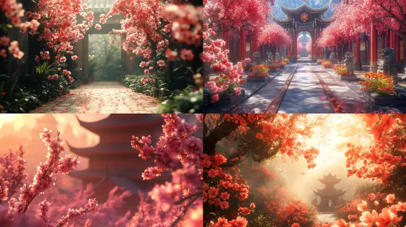 一个中国古代皇宫宫殿大院，繁花似锦，春暖花开，仰拍，真实电影质感，电影级视角和布光，32k高清晰，高饱和度，全景