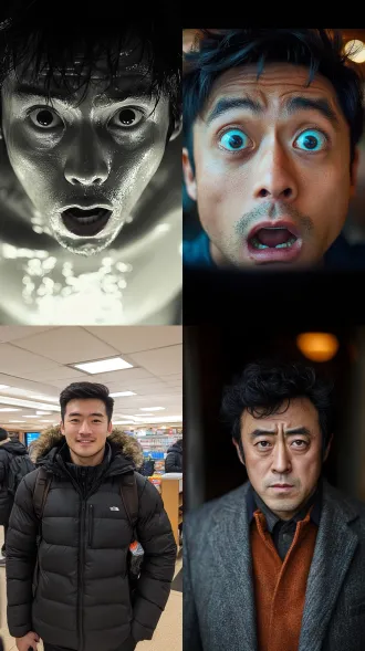 一个中国男子，28岁左右，疑惑和惊恐的表情，