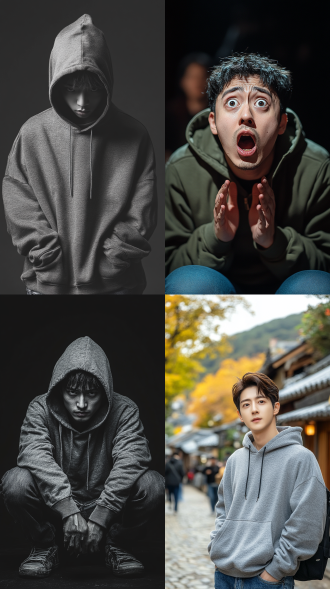 一个中国男子，28岁左右，疑惑和惊恐的表情，帽衫，牛仔裤