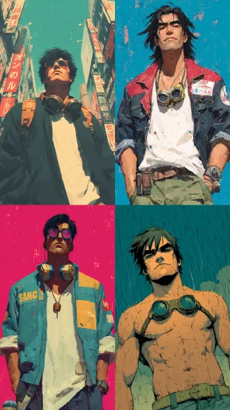 一个亚洲年轻男性，穿外卖员服装，中等身高，精瘦但肌肉线条明显，皮肤偏糙，下颌线锋利，额前碎发常被雨水打湿，增加 “野气”；护目镜挂在脖颈，整体感觉温柔中带着坚毅，全景，赛博朋克风格，三维建模渲染成二维动画效果，机械质感与色彩饱和度，机械质感与色彩饱和度，