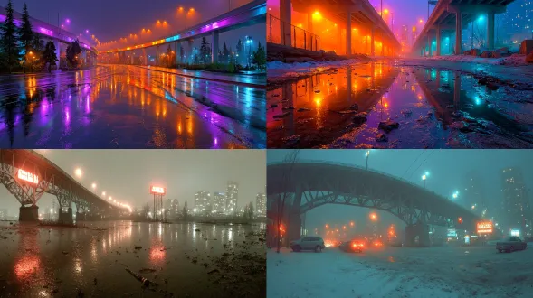 雨夜霓虹笼罩的城市立交桥，雨水在地面砸出密集水洼。全景