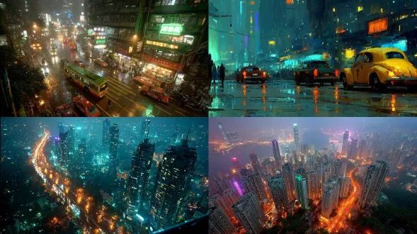 夜晚城市大雨滂沱，高楼林立霓虹招牌，现代化都市车流密集，黄色红色蓝色紫色绿色灯光交织，科技感朦胧梦幻，俯视全景赛博朋克风格，高饱和度，广角镜头长曝光，强对比度，动态模糊，雨滴光斑，金属质感玻璃反光，冷色调与霓虹撞色，未来感强烈，雨水湿润路面倒影，炫光效果