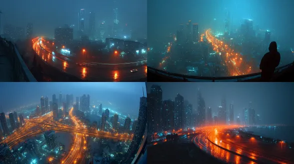 "夜晚未来城市全景俯视，高楼林立，霓虹灯闪烁，立交桥蜿蜒，马路上车辆灯光交织，大雨滂沱，雨滴反光，赛博朋克风格，高饱和度，朦胧梦幻，科技感十足，广角镜头，长曝光，动态模糊，冷色调为主，霓虹点缀，雾气弥漫，城市天际线，光污染，未来感，神秘氛围。"