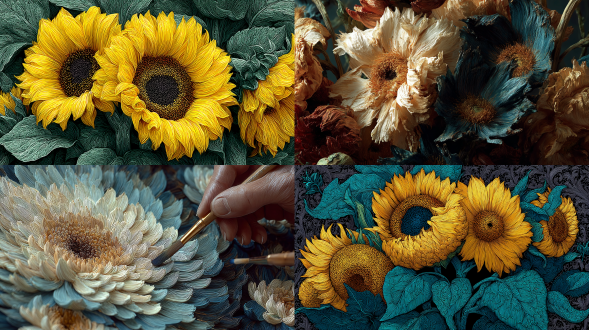 一幅梵高的向日葵油画，超写实，电影级镜头，特写，极度精细、复杂、超现实、8k、最高质量。