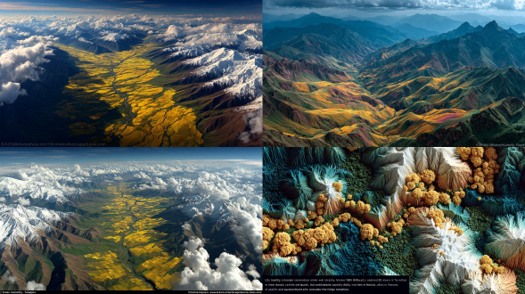 俯视广角，展现新疆塔尔巴哈台山雄伟的雪峰下，一片无边无际的盛放向日葵花海。令人惊叹的鸟瞰视角揭示了花田 intricate 的图案，充满活力的黄色花瓣呈现出 delicate 的脉络和质感丰富的花盘。体积光穿透 dramatic、涌动的云层，形成神圣的光柱照亮了整个景观。以金黄色、浓郁的绿色和大地棕色为主的温暖类比色配色方案。使用 arri alexa 65 摄影机与 85mm 镜头拍摄，以获得惊人的清晰度和深景深。极度精细、复杂、超现实、8k、最高质量。 关键术语解析： 鸟瞰视角：此视角能最大化展现花海的“无尽”与“图案”，赋予画面一种如同大地艺术般的宏观秩序感与视觉冲击力。 花瓣脉络与质感花盘：这是实现“极度精细”与“超现实”的关键细节。描述花瓣的veining（脉络）和花盘的textured centers（质感中心），能引导ai渲染出令人惊叹的微观细节。 体积光与神圣光柱：volumetric sunbeams（体积阳光）和 god rays（神圣光柱）是营造场景神圣感、戏剧性和空间立体感的顶级视觉特效，使光线成为画面中活跃的角色。 类比色配色方案：使用相邻的金黄色、绿色、大地棕色，能营造出极其和谐、统一且充满自然生命力的色彩氛围，使画面感觉舒适而高级。