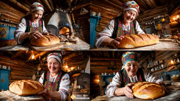 俄罗斯族大妈从传统烤箱取出金黄大列巴，满面笑容皱纹舒展，头戴花头巾身穿刺绣围裙，暖色木屋厨房飘着面粉香，面包热气腾腾，木质烤箱纹理细腻，8k超精细，电影级环形布光，高饱和度暖色调，生活气息浓郁，超现实细节，最高质量，特写镜头，柔焦背景，愉悦温馨。