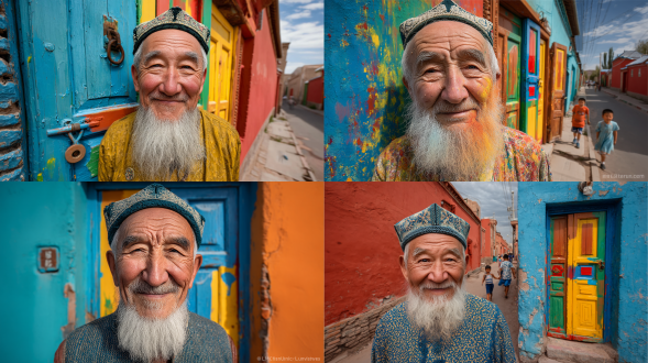 维吾尔族老人粉刷新漆，色彩鲜艳木门，中景构图，灿烂笑容，传统服饰，背景孩童奔跑，街道生活气息，高饱和度色调，电影级布光，超现实细节，8k画质，极致清晰，暖色光影，动态生活场景，复杂纹理，极致精细，最高质量，浓郁民族风情，欢乐氛围。