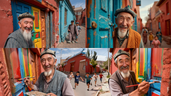 塔城红楼街道旁，维吾尔族老人手持油漆刷为鲜艳木门刷漆，开心微笑，中景构图，背景孩童奔跑，色彩饱满浓郁，生活气息浓厚，8k超精细，复杂细节，超现实主义，电影级布光，高饱和度，广角镜头，自然光与补光结合，动态捕捉，温暖色调，幸福氛围。