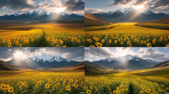 "电影级广角镜头，新疆塔尔巴哈台山雪峰下向日葵花海，鸟瞰视角，花田图案精致，金黄色花瓣脉络细腻，花盘质感丰富，体积光穿透云层形成神圣光柱，温暖类比色，arri alexa 65摄影机，85mm镜头，高清晰度，深景深，超现实，8k，最高质量，震撼，神圣，自然生命力。"