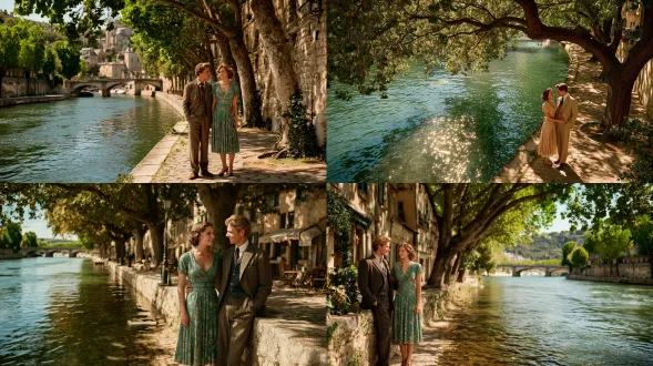 法国恋人相依塞纳河畔，全景构图，绿树成荫岸边，浪漫氛围，真人写实风格，电影级质感，精细复杂细节，8k分辨率，最高质量，电影布光技术，高饱和度色彩，超写实主义，柔和自然光，情侣对视微笑，男士西装女士长裙，温暖情感，镜头35mm，浅景深，黄金时段光线，水波倒影，树影斑驳