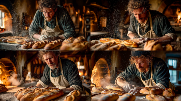 电影级全景，巴黎面包师身穿沾面粉围裙，专注从石砌窑炉取出金黄法棍，法棍深度割口、外皮起泡、内里柔软，蒸汽缭绕，伦勃朗式布光，凸显质感与专注表情，温暖类比色金色奶油色米白大地棕色，超写实摄影融合荷兰黄金时代静物画神韵，arri alexa摄影机50mm f/1.4镜头，极浅景深，胶片颗粒，8k最高质量。