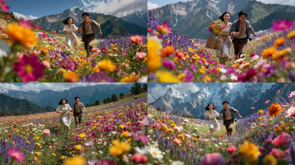 电影级全景，高山花海，中国情侣追逐嬉笑，雏菊芍药薰衣草环绕，浪漫氛围，真人写实，电影质感，极度精细复杂，8k最高质量，电影级布光，高饱和度，超写实细节，广角镜头，柔光，自然光补光，动态捕捉，欢乐表情，传统服饰，细腻纹理，鲜艳色彩，情感饱满