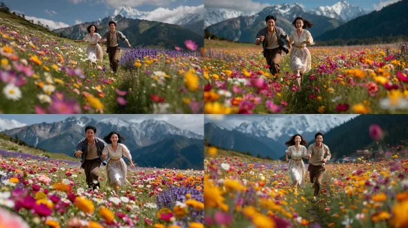 电影级全景，中国情侣在高山花海奔跑嬉笑，近景布满雏菊芍药薰衣草，浪漫真人写实风格，极致精细8k画质，电影布光高饱和度，超写实细节，广角镜头，自然光逆光，柔焦背景，动态捕捉，鲜艳色彩，幸福表情，飘逸衣物，繁花环绕，复杂构图，远景雪山，黄金时刻，情感饱满