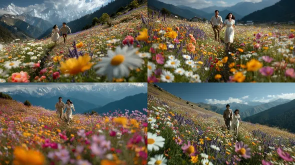 电影级全景，高山花海，中国情侣追逐嬉戏，雏菊芍药薰衣草环绕，浪漫氛围，真人写实风格，电影质感，极度精细复杂，8k分辨率，最高质量，电影级布光，高饱和度，超写实细节，广角镜头，柔光，自然光，动态捕捉，微笑表情，飘逸服饰，鲜艳色彩，温暖情感