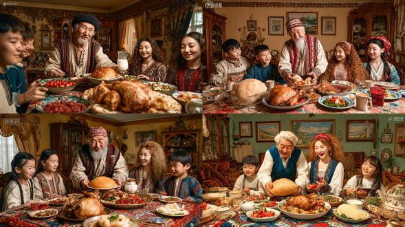 俄罗斯族老人端面包上桌，俄罗斯风情桌布，全景客厅，长发汉族美女，卷发维吾尔族美女，维吾尔族帅哥，哈萨克族大叔，两个小孩，开心笑容，桌上有草莓果酱、烤羊腿、奶茶壶、奶茶碗、大盘鸡、蔬菜沙拉，电影质感，真人写实，8k超精细，高饱和度，复杂细节，电影级布光，广角镜头，暖色调，丰富情感，民族融合