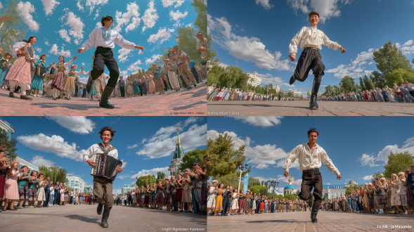 英俊哈萨克男子穿白衬衫黑裤子黑靴子跳“黑走马”，汉族青年共舞，哈萨克中年与俄罗斯女子拉手风琴，各族围观者鼓掌比划，户外广场全景，蓝天白云绿树，真人写实，电影质感，8k超精细，高饱和度，超写实细节，电影级布光，广角镜头，动态捕捉，欢快氛围，丰富色彩，民族服饰细节，自然光与补光结合，生动表情，复杂构图，极致清晰。