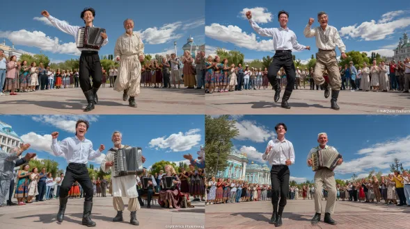 哈萨克族英俊男子穿白衬衫黑裤子黑靴子跳“黑走马”，汉族青年同舞，哈萨克中年男子和俄罗斯女子拉手风琴，各族观众欢快鼓掌比划舞姿，户外广场全景，蓝天白云绿树，电影质感，8k超写实，高饱和度，复杂细节，动态光影，广角镜头，自然光与补光结合，生动表情，民族服饰细节，热烈氛围，极度精细，最高质量