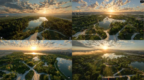 一个公园的俯瞰广角，电影质感，极度精细复杂8k最高质量，超写实细节，高饱和度色彩，黄昏时分，柔和侧光，大场景构图，树木草坪小路，人物点缀，动态云层，景深层次，hdr效果，广角镜头，电影级布光，细腻纹理，光影对比，宁静氛围