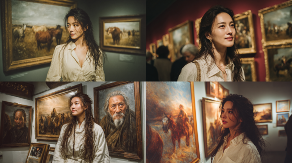 电影级中景镜头，优雅长发女子白色长裙，塔城画廊内沉思站立大型油画前，温暖局部照明勾勒柔和边缘光，背景深邃阴影，雪景油画俄罗斯老人画像马匹环绕，表情专注安静欣赏，超写实摄影风格，奶油色温暖木调深酒红色，arri alexa摄影机85mm f/1.4镜头，极浅景深，发丝细节画布质感，8k超精细复杂超现实。