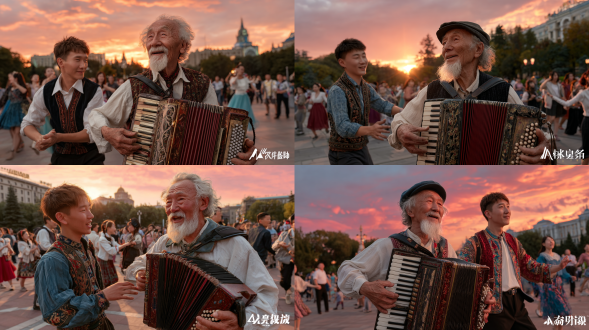俄罗斯老人拉手风琴，汉族青年聆听，欢乐人群跳舞，公园广场背景，朝霞渲染，真人写实风格，电影质感，中景镜头，高饱和度色彩，超写实细节，8k画质，电影级布光，暖色调，广角镜头，柔光，动态捕捉，民族服饰，愉悦表情，自然互动，精细纹理，复杂构图，最高质量