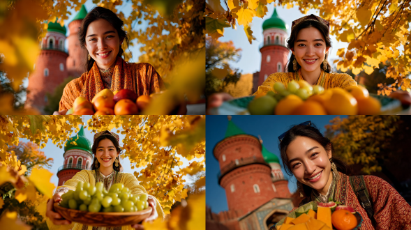 第一人称视角，哈萨克族女子灿烂笑容递水果盘，砖红色绿顶俄罗斯水塔背景，金黄秋叶环绕，柔和背光轮廓光，水果闪闪发亮，梦幻焦外虚化，砖红金黄深绿三元色，arri alexa摄影机35mm镜头，浅景深聚焦水果与双手，微妙镜头光晕，超写实风格，精细复杂超现实8k最高质量