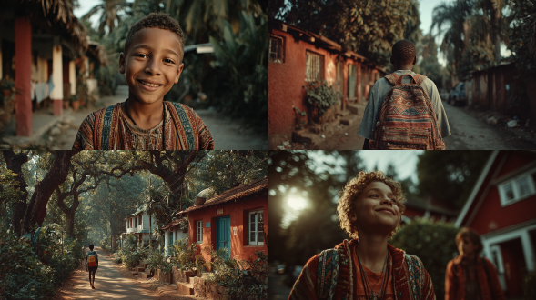 电影级中景镜头，少数民族小男孩背彩色书包，阳光斑驳绿树成荫街道，大笑挥手快乐表情，红顶房屋葱翠绿树背景，明亮柔和自然光，温暖欢快氛围，浓郁绿色温暖红色互补色，arri alexa摄影机，35mm变形宽银幕镜头，轻微运动模糊，浅景深，胶片颗粒质感，极度精细复杂超现实8k最高质量。