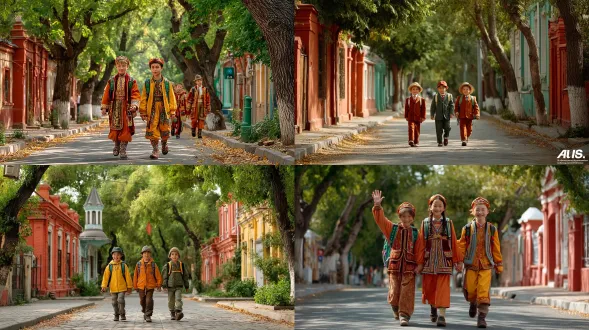 维吾尔族、汉族、俄罗斯族小男孩并肩行走，阳光斑驳的绿树街道，色彩鲜艳书包，大笑挥手，红顶房屋葱翠背景，明亮柔和自然光，温暖欢快氛围，浓郁绿色温暖红色互补色，arri alexa摄影机，35mm变形宽银幕镜头，轻微运动模糊，浅景深，胶片颗粒，电影质感，超现实，8k，全景