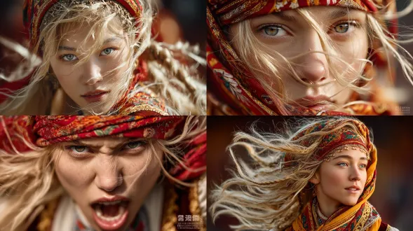 电影级中景镜头，中国俄罗斯族舞者舞动瞬间，强烈欢愉表情，传统萨拉凡裙，复杂刺绣鲜艳头巾，金发动态飘扬，戏剧性侧光，面料质感头发运动模糊，深红亮金乳白浓郁配色，超写实摄影，arri alexa摄影机，85mm f/1.4镜头，极浅景深聚焦双眼，微妙胶片颗粒，大自然背景，极度精细复杂超现实，8k最高质量