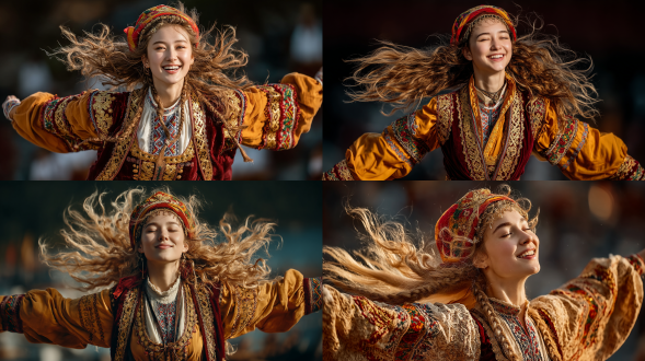 电影级中景镜头，中国俄罗斯族舞者舞动瞬间，强烈欢愉表情微笑，传统萨拉凡裙复杂刺绣鲜艳头巾，金发动态飘扬双手张开姿势，戏剧性侧光单一光源，刺绣面料质感头发运动模糊，深红亮金乳白浓郁色彩，超写实摄影风格，arri alexa摄影机85mm f/1.4镜头极浅景深聚焦双眼，微妙胶片颗粒，大自然背景极度精细复杂超现实8k最高质量。