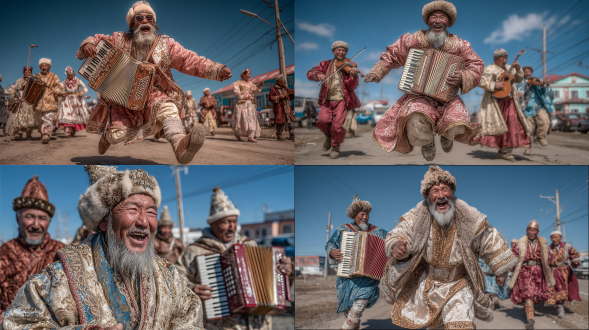 阳光明媚的乡村广场，中国哈萨克族男子身着传统服饰热情舞蹈，跳跃旋转瞬间表情欢快，周围汉族俄罗斯族乐手围圈，手风琴手突出，鼓掌微笑，社区庆典欢乐氛围，温暖自然午后光线，方向性阴影，扬尘被照亮，深蓝浓郁棕色奶油色点缀红色配色，arri alexa摄影机，35mm镜头，深景深，人物清晰，舞者轻微运动模糊，超写实风格，极度精细复杂8k最高质量