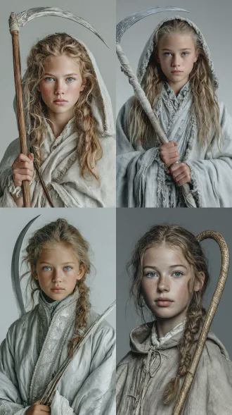 16岁白人少女灵魂旅行者，清秀沉稳略带叛逆的面容，清澈蓝眼流露迷茫与坚定，亚麻色长发披散，无妆，灰白及踝长袍简约古朴带中世纪风格，银色丝线若隐若现，手持灵光镰刀，白色背景，高分辨率，柔光，肖像构图，浅景深，冷色调，神秘氛围，神圣感，超现实风格，特写镜头，细致纹理，层次光影，电影质感