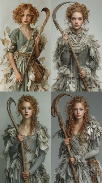 16岁白人少女，浅亚麻卷发，灰绿眼眸怯懦，灰白银线暗纹长裙，裙摆灵体碎屑，手持半透明镰刀旧绒布柄，纯白背景，全身照，柔和光影，真人写实风格，电影质感，8k高清，倔强青涩表情，生涩动作，侧光，浅景深，细腻织物纹理，冷色调，孤独氛围