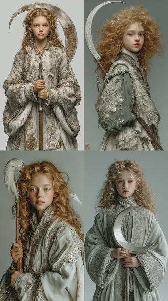 16岁白人少女，浅亚麻卷发，灰绿眼眸带着胆怯，灰白麻质长袍镶银线刺绣，裙摆灵光碎屑，手持银光半透明镰刀，旧绒布刀柄，纯白背景，全身照，柔和光影，真人写实风格，电影质感，8k高清，梦幻氛围，浅色调，柔焦，伦勃朗光，细节丰富，优雅神秘，淡淡忧郁