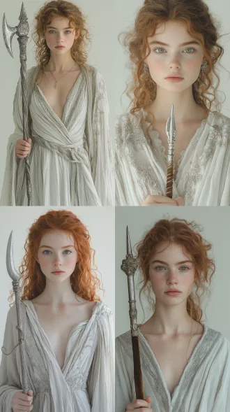 16岁白人少女，浅亚麻卷发，灰绿眼眸灵动带胆怯，灰白麻质长袍配银线刺绣，裙摆灵光碎屑，手持银光半透明镰刀，旧绒布刀柄，纯白背景，全身照，柔和光影，真人写实，电影质感，8k高清，梦幻氛围，浅色调，肖像光，细腻皮肤纹理，微表情捕捉，柔焦边缘，丝绸质感，环境光反射，优雅构图