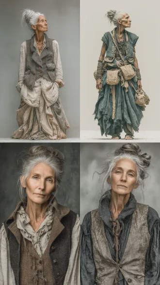 年老白人老妇人站立正面全身照，枯瘦皱纹明显，灰白凌乱发髻，破旧粗布裙和背心，纯白背景，柔和光影，真人写实风格，电影质感，8k高清，复古氛围，特写细节，自然光，浅景深，怀旧色调，静态姿势，细腻纹理，忧郁表情，经典肖像