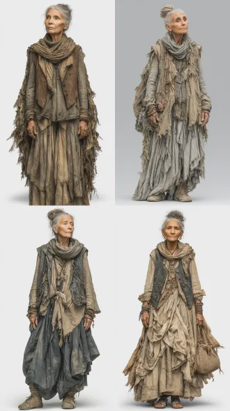 一个年老的白人老妇人，枯瘦、脸上和手上都是皱纹，灰白发挽成凌乱发髻，穿破旧粗布裙 + 临时套上的粗布背心。正面站立，背景是纯白色，全身照，光影柔和，真人写实风格，电影质感，8k高清晰，充满复古的气氛