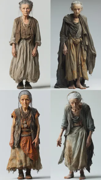 一个年老的白人老妇人，枯瘦、脸上和手上都是皱纹，灰白发挽成凌乱发髻，穿破旧粗布薄裙 + 临时套上的粗布背心。服装简洁，不要复杂，正面站立，背景是纯白色，全身照，光影柔和，真人写实风格，电影质感，8k高清晰，充满复古的气氛