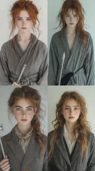 16岁白人少女，浅亚麻卷发垂在胸前，灰绿眼眸带着胆怯和亮光，灰白麻质长袍，像某种神秘的学院制服，裙摆灵光碎屑，手持一个银光半透明镰刀，短把被旧绒布缠着，纯白背景，全身照，柔和光影，真人写实风格，电影质感，8k高清，梦幻氛围，浅色调，柔焦，伦勃朗光，细节丰富，优雅神秘，淡淡忧郁