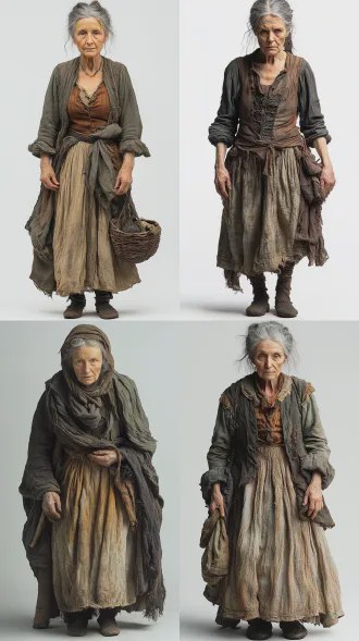 一个年老的19世纪爱尔兰乡村老妇人，枯瘦、脸上和手上都是皱纹，灰白发挽成凌乱发髻，穿破旧粗布薄裙 + 临时套上的粗布背心。服装简洁，不要复杂，正面站立，背景是纯白色，全身照，光影柔和，真人写实风格，电影质感，8k高清晰，充满复古的气氛