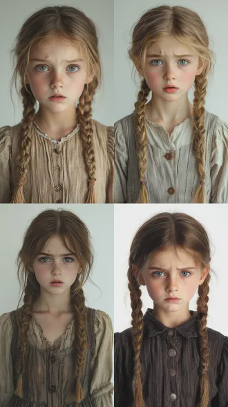一个19世纪爱尔兰乡下12岁女孩，金色头发，梳着简单的辫子，因哭泣而凌乱。脸庞稚嫩，充满恐惧与悲伤。 穿着打着补丁的旧棉布连衣裙，颜色暗淡，款式简单，符合穷苦乡村女孩身份，正面站立，背景是纯白色，全身照，光影柔和，真人写实风格，电影质感，8k高清晰，充满复古悲伤的气氛