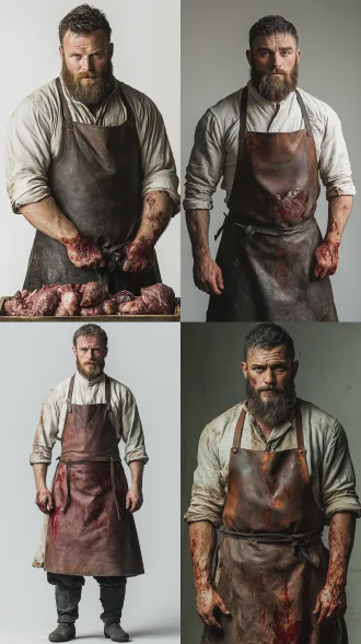 一个19世纪爱尔兰农村屠夫，35 岁男子，身材魁梧、络腮胡杂乱，穿沾红色液体的兽皮围裙 + 粗麻衬衫，手臂有刀疤，眼神凶狠。表情暴戾、傲慢正面站立，背景是纯白色，全身照，光影柔和，真人写实风格，电影质感，8k高清晰，充满复古的气氛